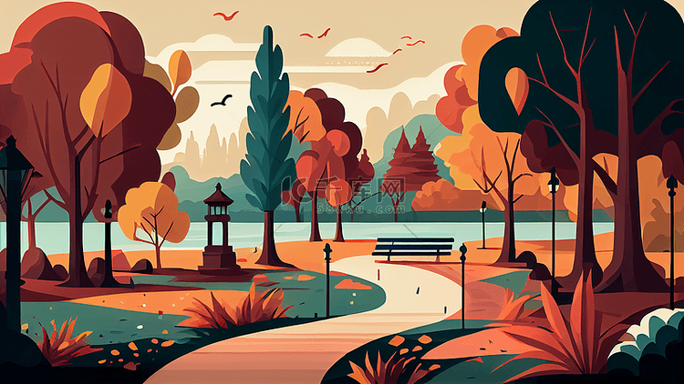 公园湖景插画背景