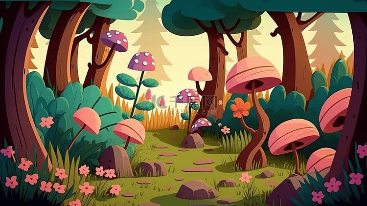 树林蘑菇花草插画背景