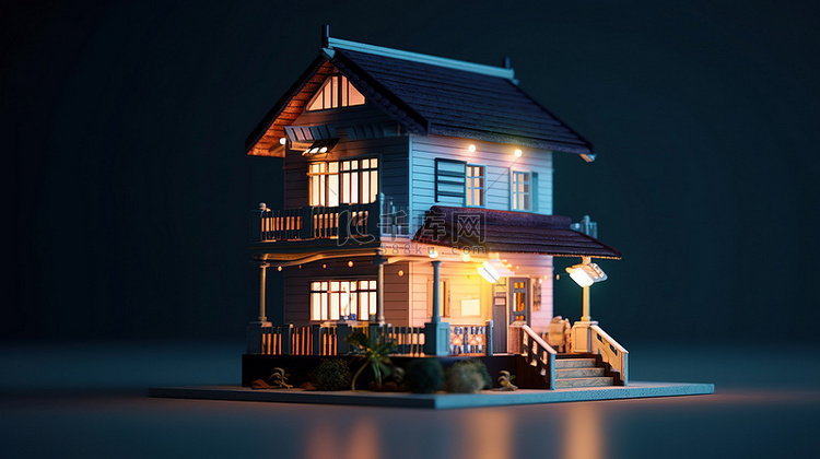 3d 房屋模型用小灯从低角度照明