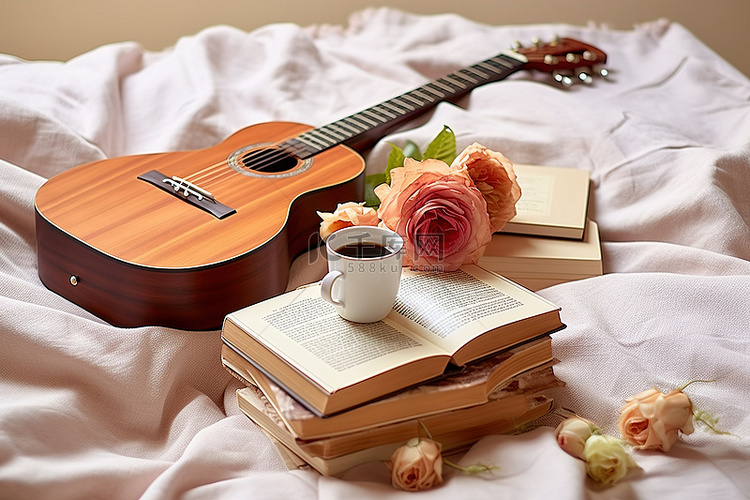 一个木吉他花香杯咖啡杯和一些书
