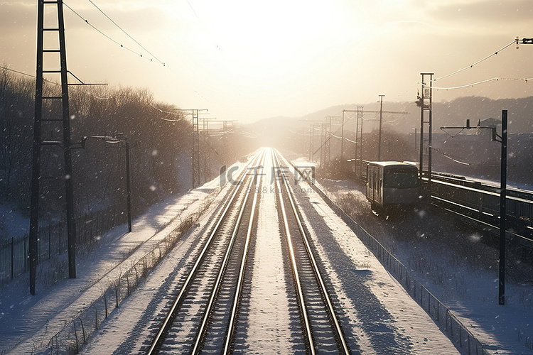阴天积雪的火车轨道