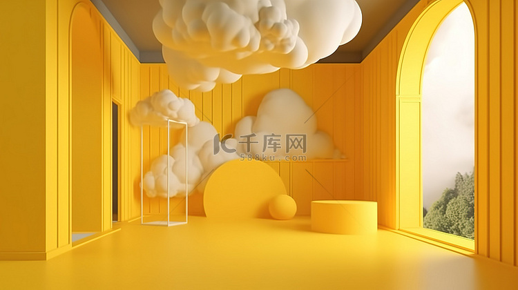 带有浮云的黄色房间的前视图抽象