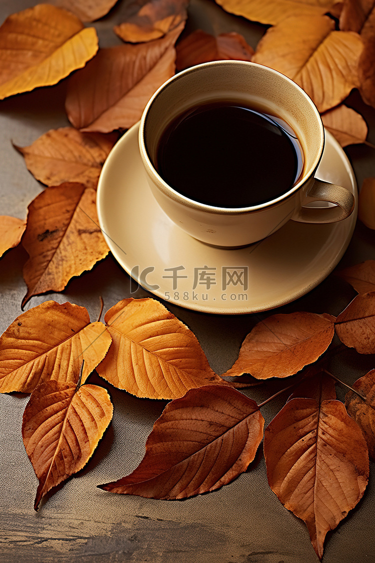 棕色的叶子和一杯咖啡