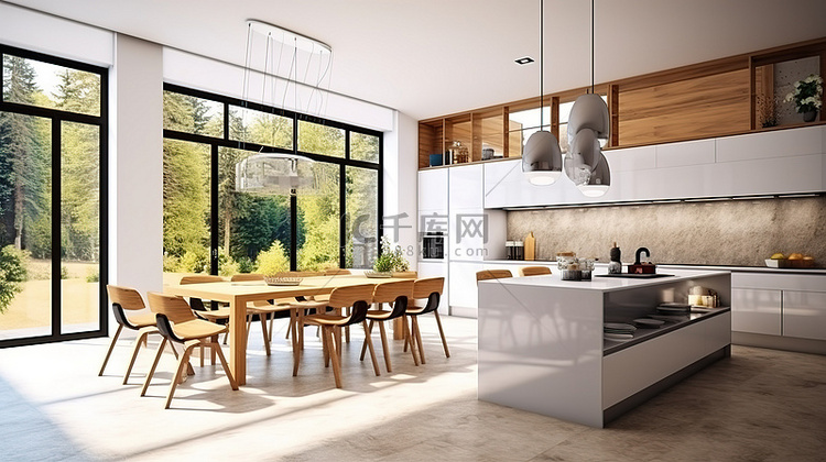 3D 渲染的现代厨房，配有窗户