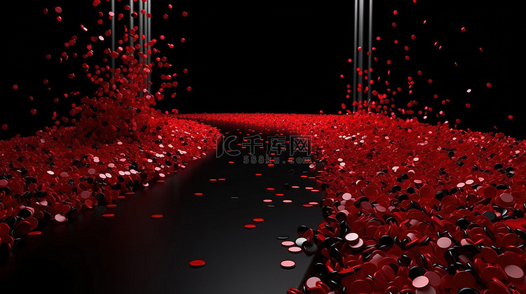 红地毯与五彩纸屑和体积光在黑色