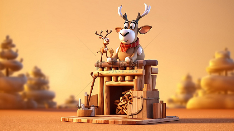 3D 卡通描绘了一只木制驯鹿在