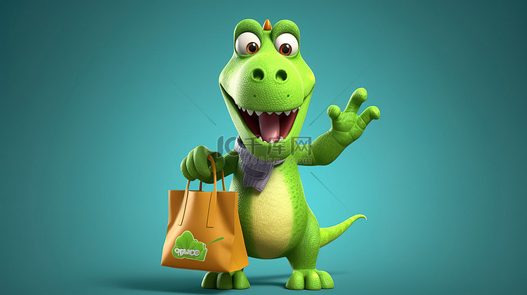抓着购物袋的搞笑 3D 恐龙人物