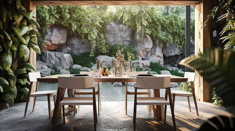 室外环境自然背景餐厅的 3D 插图