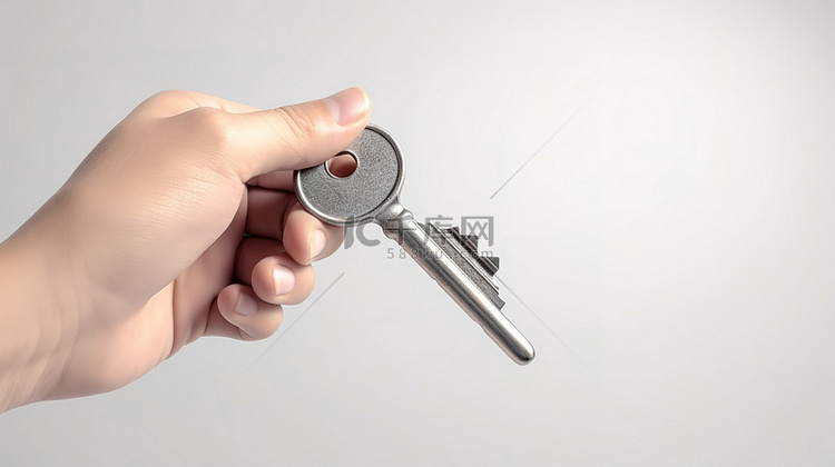 钥匙在手 3D 插图白色背景
