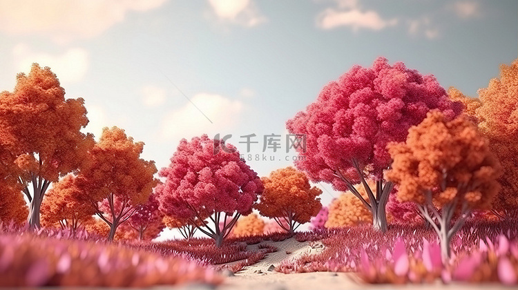 插图 3D 渲染背景与秋叶树木