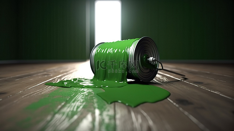 绿色油漆从罐头层叠到木地板上，