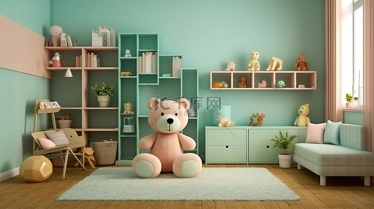 儿童卧室或客厅中熊娃娃的 3D