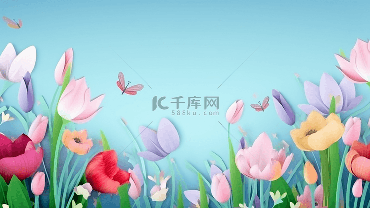 剪纸花卉蝴蝶卡通春季广告背景
