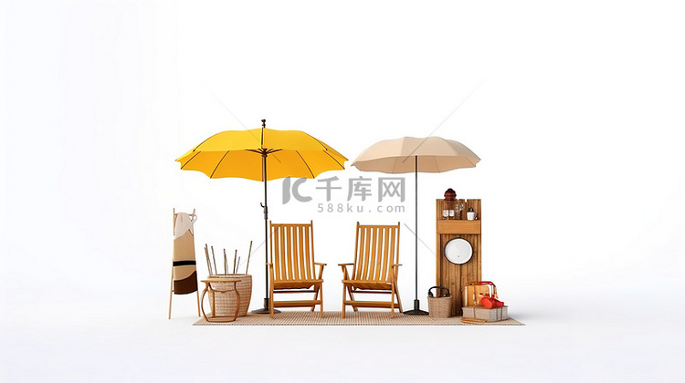 暑假必需品木板，配有沙滩伞椅救