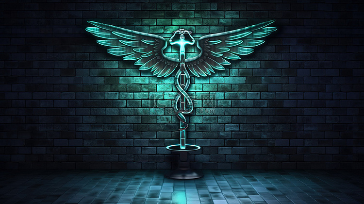 医疗杖符号的 3D 渲染在暗墙