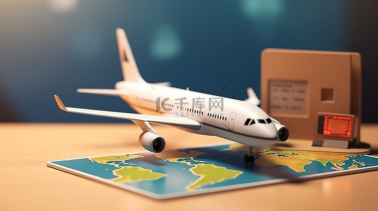 飞机和信用卡的 3D 渲染说明