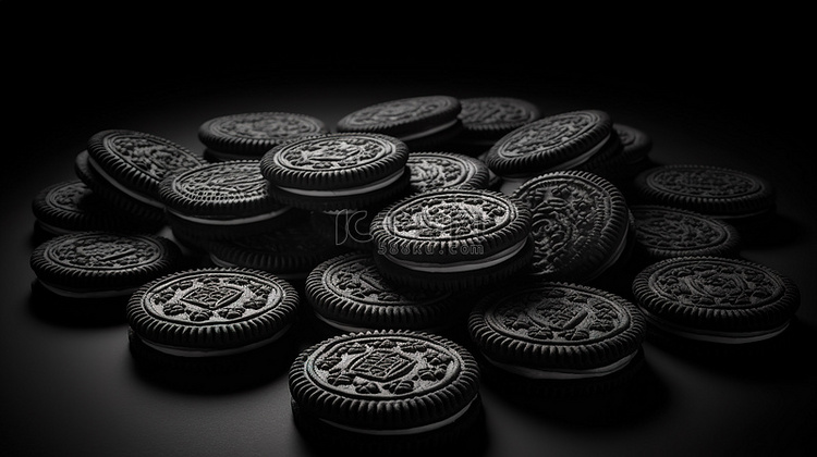排列的黑色饼干的逼真纹理 3d