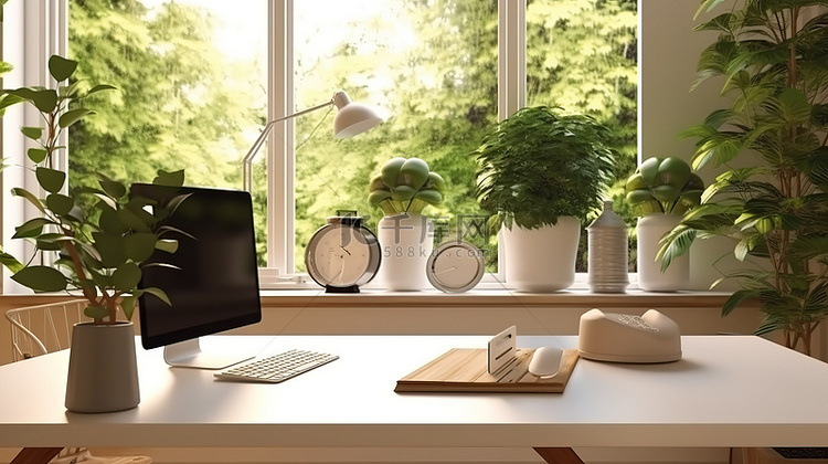 现代工作空间，木桌上有宽敞的窗