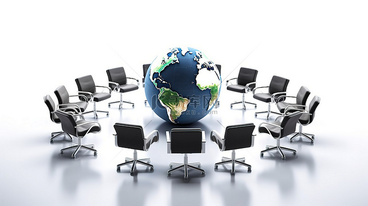 全球商务会议地球仪白色背景，椅
