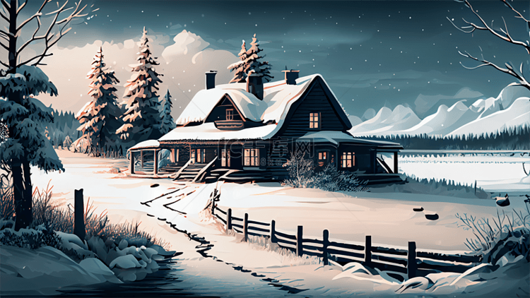 雪景房子插画背景