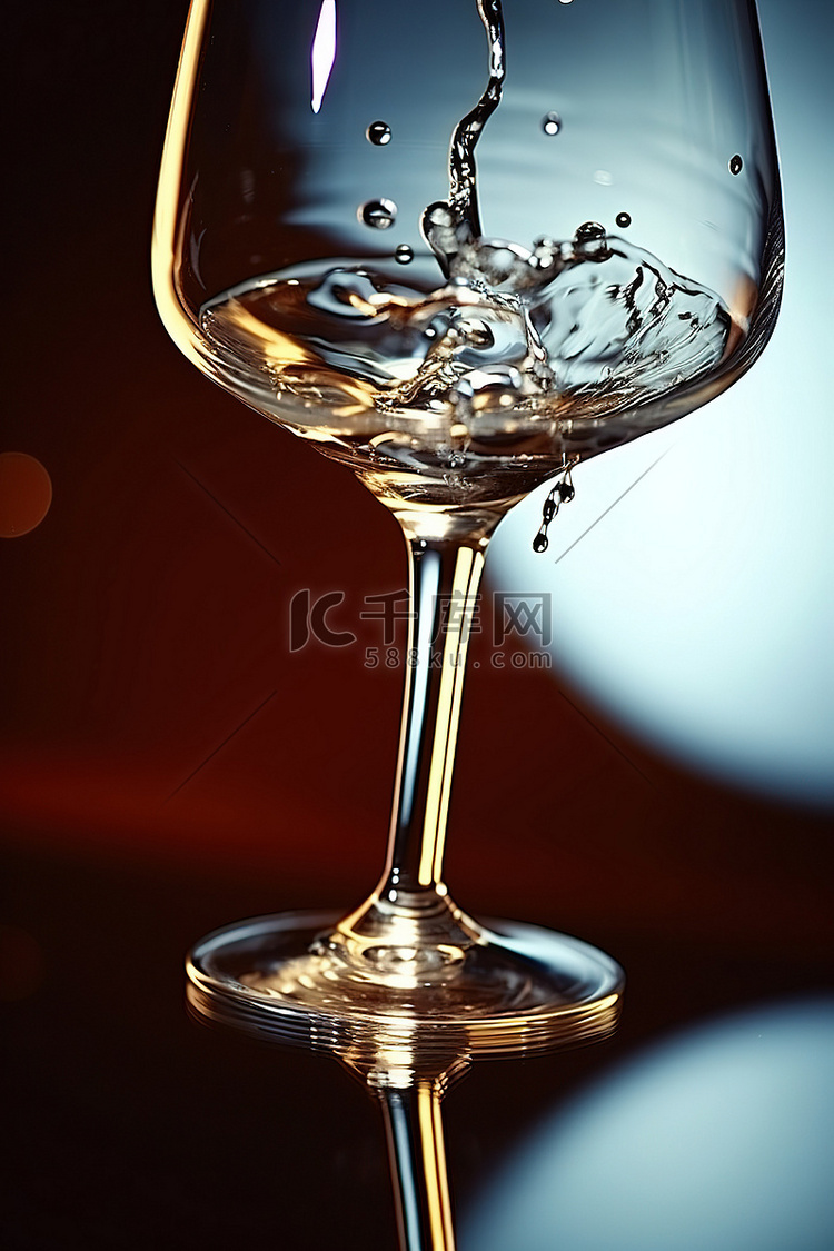 酒杯放在一杯水上，上面有酒滴