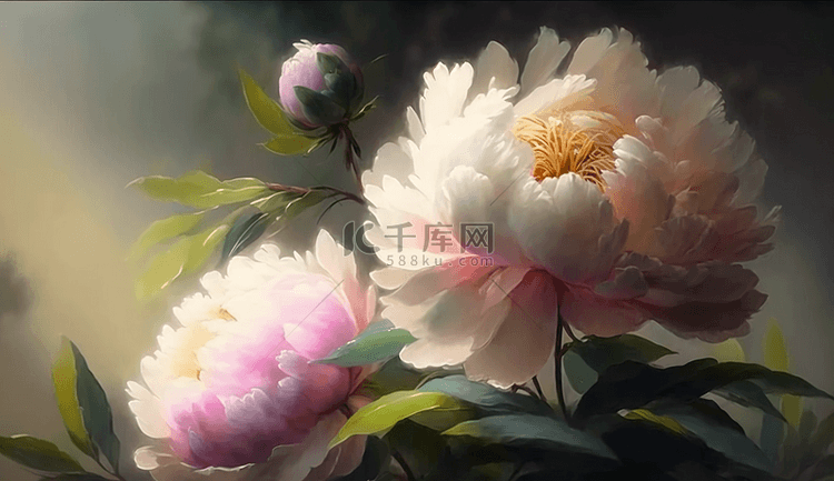 粉红色牡丹花绿叶花蕾复古油画背