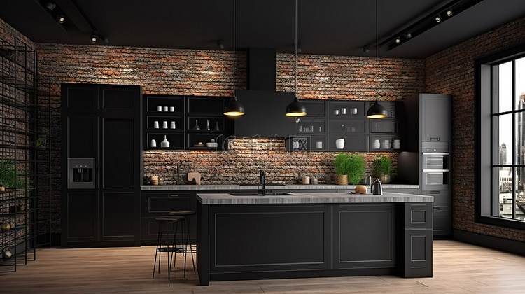 带砖墙的现代黑色厨房 3D 渲染