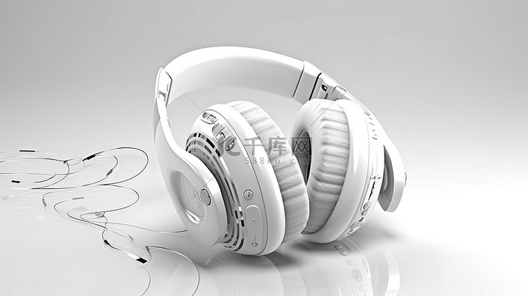 3D 渲染中白色耳机上的音符