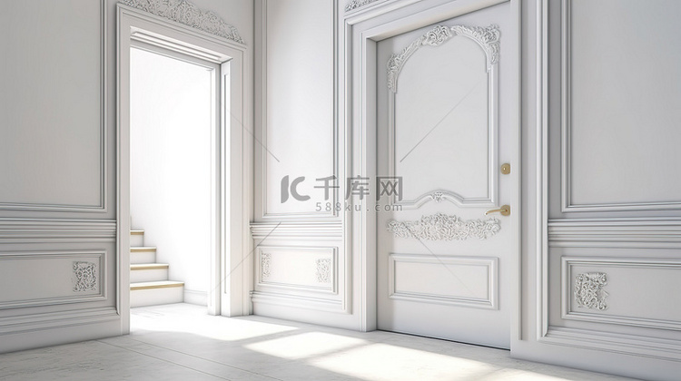 3d 渲染公寓入口处的白色门