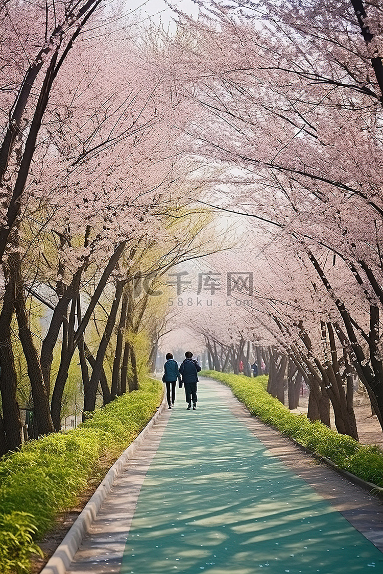 首尔南部，妇女们沿着一条种满樱