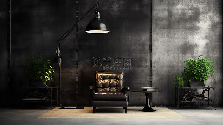 工业风格黑色金属房间的 3D 