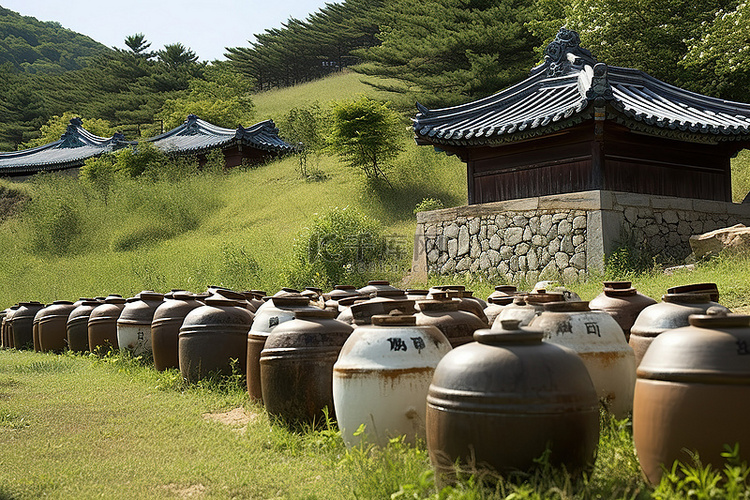 许多陶瓷桶坐在山坡上