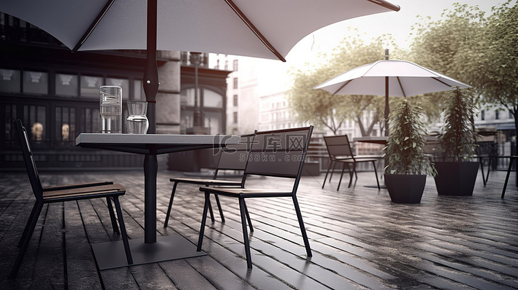 3D 渲染中的咖啡厅露台，具有