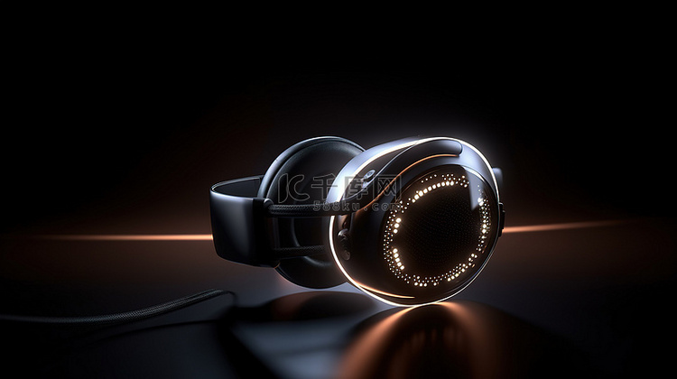 复古耳机在 3D 渲染在黑色隔