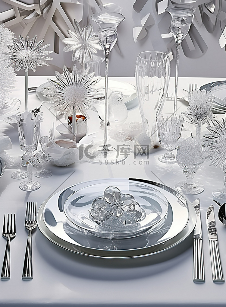 银色和白色的餐桌布置，配有银器