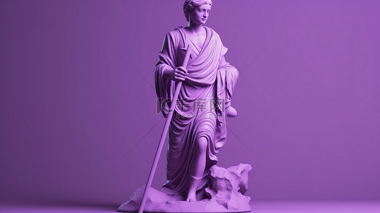 紫色 3d 渲染雕像，背景左侧