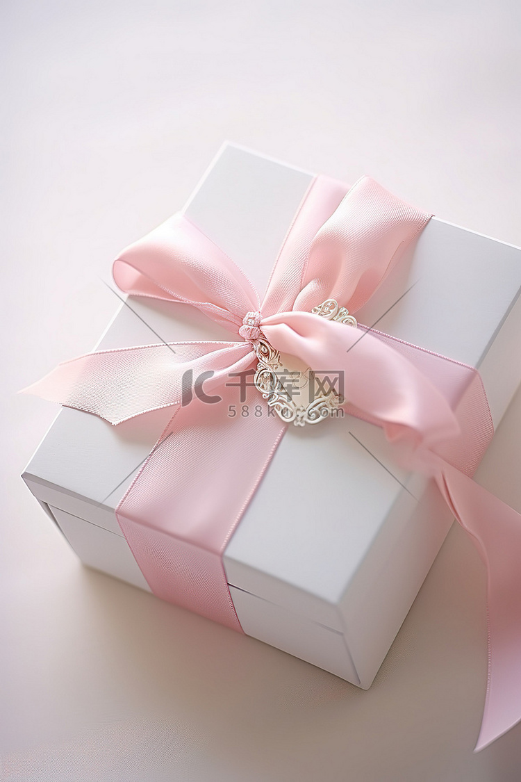 优雅的白色礼品盒，配有粉红丝带