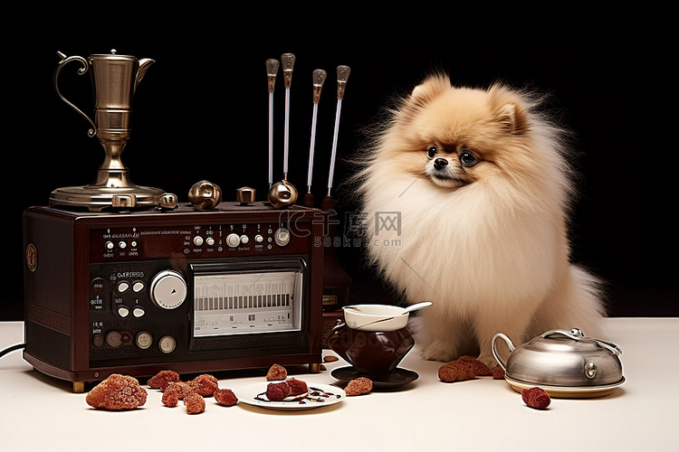一只小博美犬站在咖啡豆和收音机