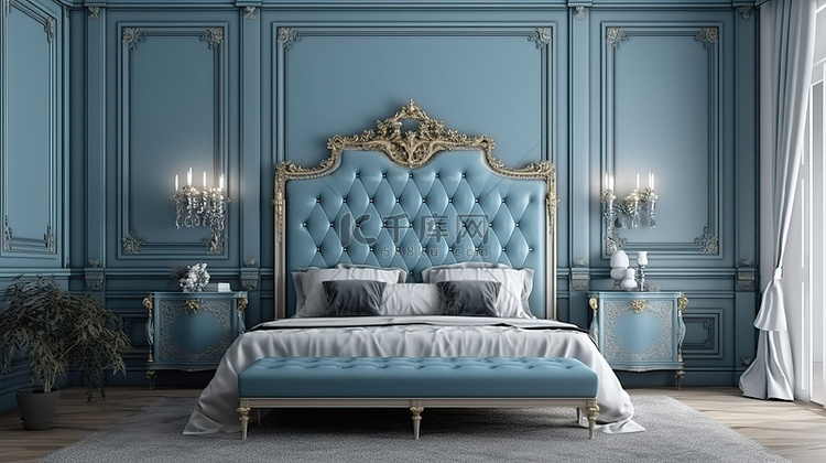 3d 渲染中带柔软蓝色床的经典