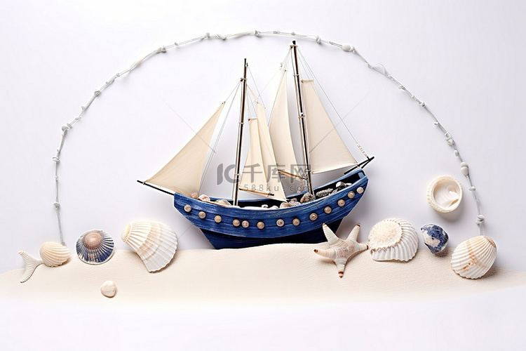 一艘蓝色渔船被一串珍珠岩石和贝