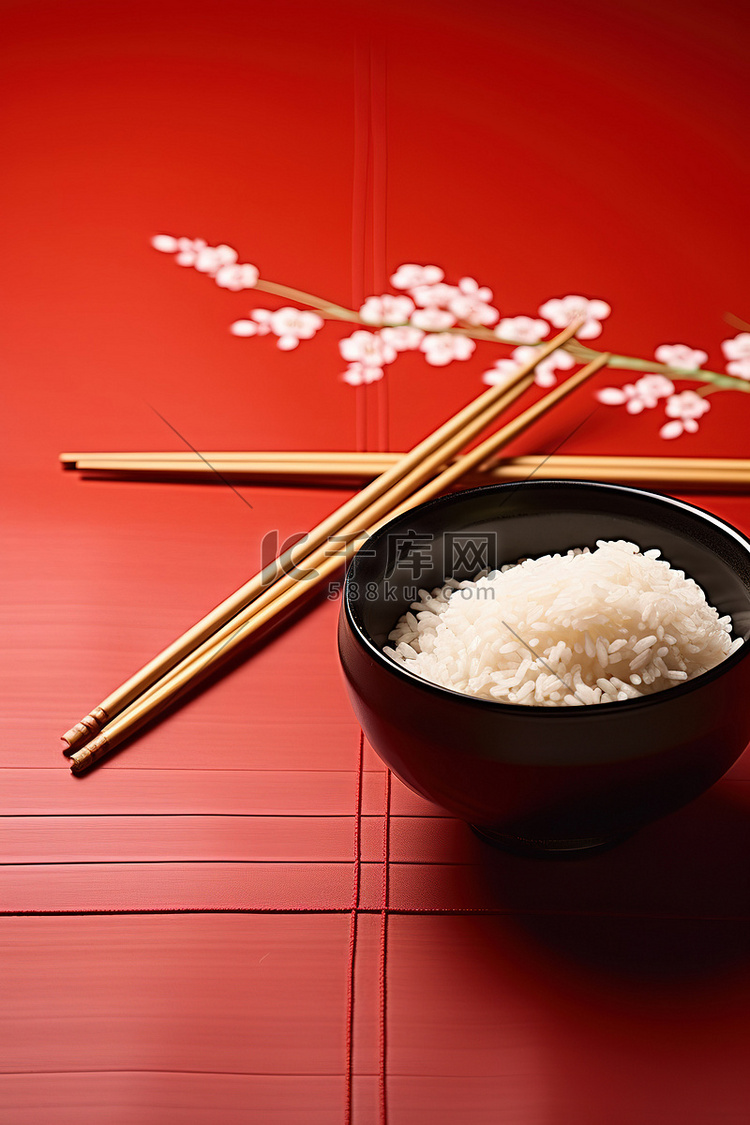 红色背景中的米饭和筷子