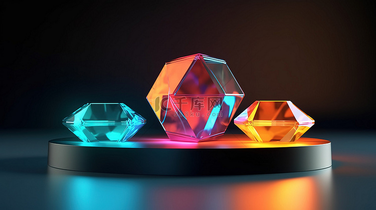 水晶组在抽象展示台上的 3D 渲染