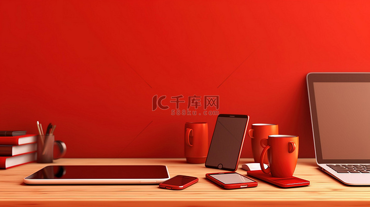 红色办公桌，带有水平横幅，配有