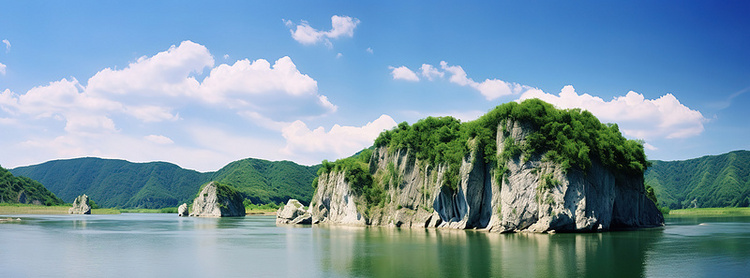 平静的湖面，远处是绿色的风景