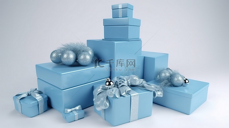 圣诞节和元旦的蓝色礼盒 3D 