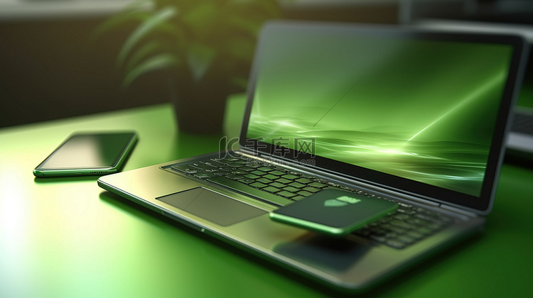 绿色背景上配有笔记本电脑和手机