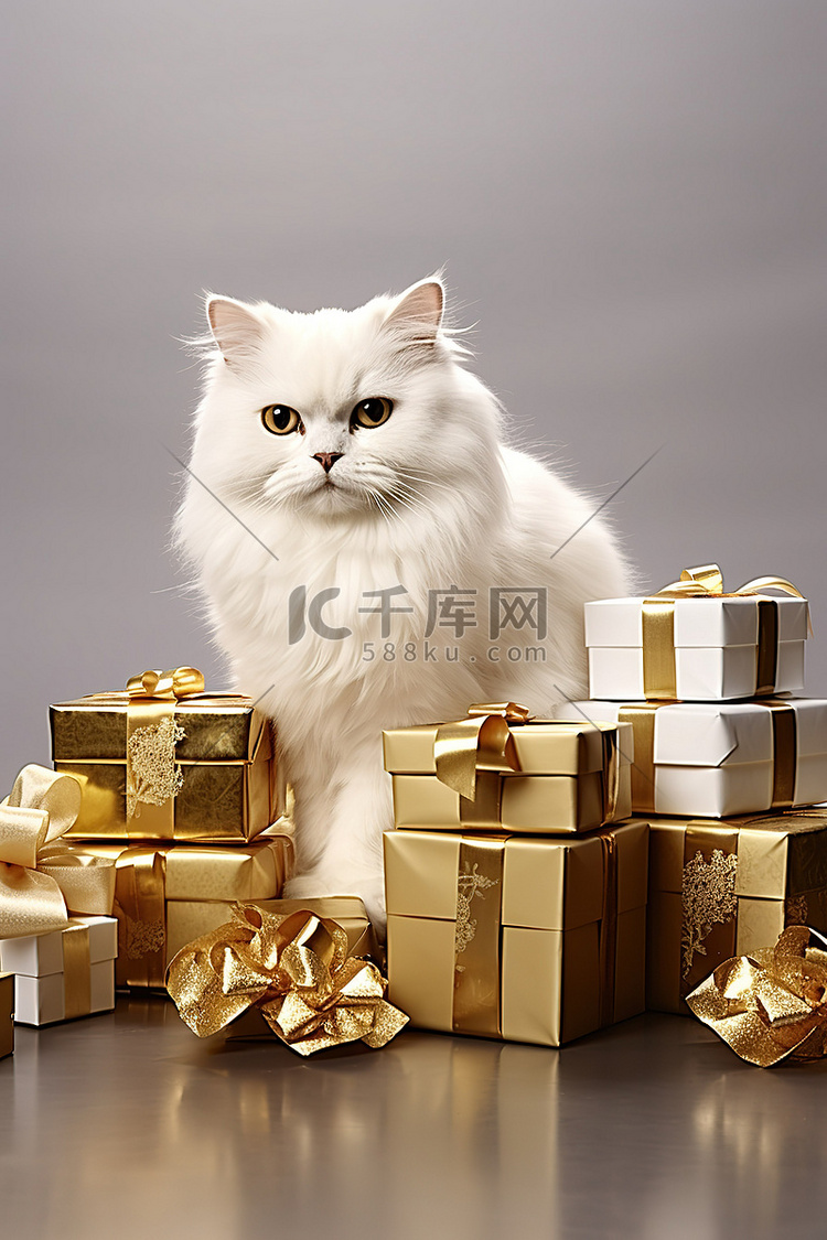 一只白猫，带着一堆礼品盒和蝴蝶