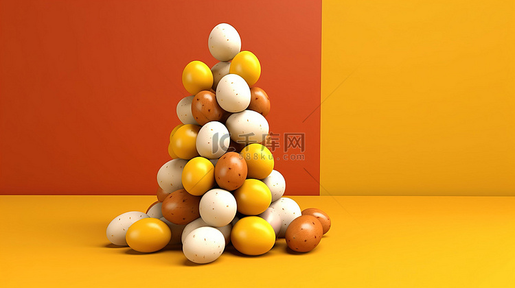 黄色背景上复活节彩蛋的 3d 渲染