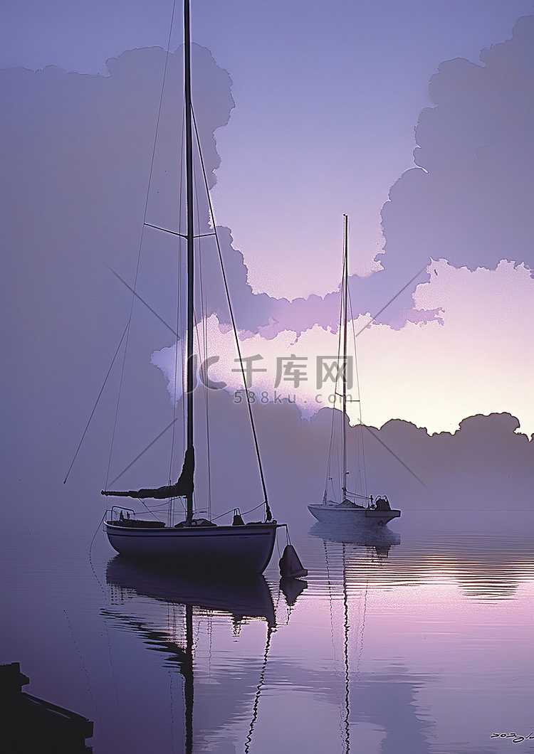 黄昏时水面上的两艘帆船