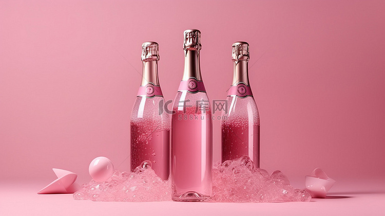 三重漂浮的粉红色香槟瓶 3D 
